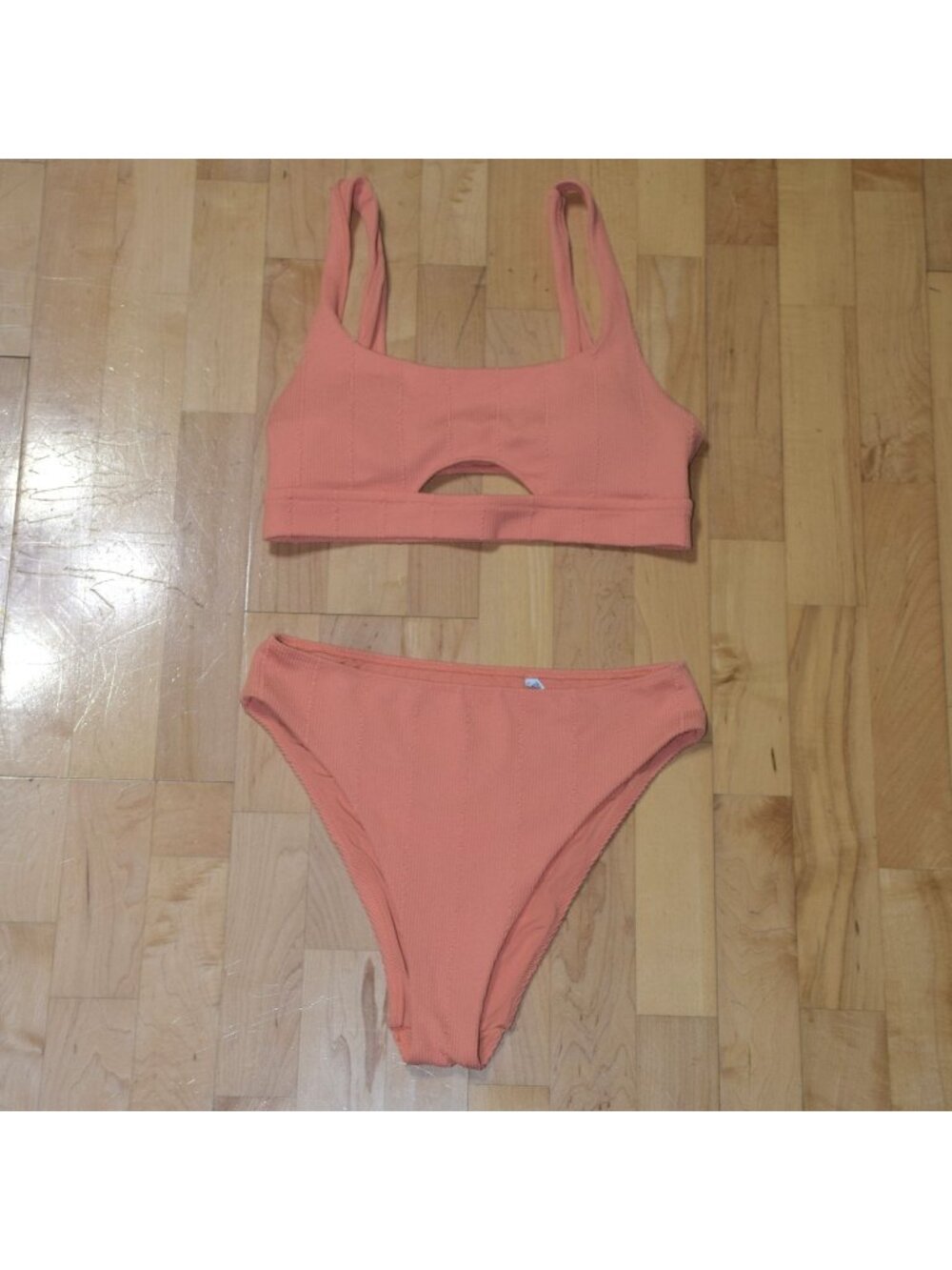 Aerie Crinkle High-Cut Cheeky Bikini Bottoms & Cut-Out Scoop Top Swimsuit Sz L